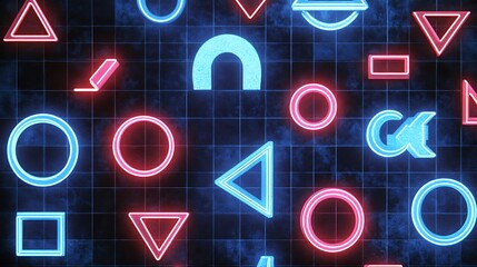 Neon Geometric Shapes on a Dark Grid Background