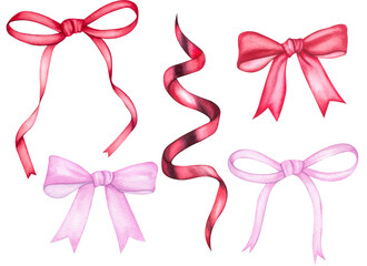 Watercolor set of cute holiday bows in red and pink.Hand drawn watercolor illustration on isolated background.Beautiful bow,ribbon for decoration