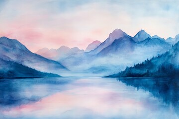 Fototapeta premium A mesmerizing watercolor painting of misty mountains at dawn. With soft pastel shades blending together perfectly.