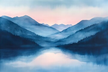 A mesmerizing watercolor painting of misty mountains at dawn. With soft pastel shades blending together perfectly.