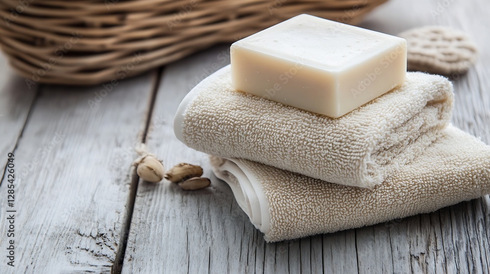 Poster luxurious handmade soap and soft towels arranged stylishly on rustic wooden surface promoting relaxa