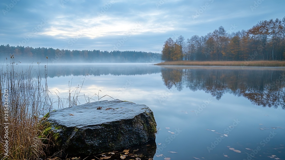 Poster Tranquil Lake Reflection with Mist and Autumn Trees in the Background : Generative AI