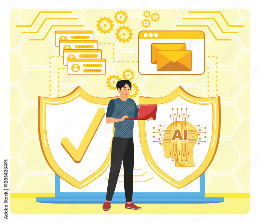 Poster ai enhanced phishing protection. man using laptop with ai and cyber security elements.