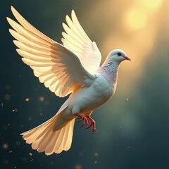 Fototapeta premium White Dove Flying with Golden Light and Bokeh Background