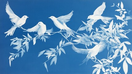 Elegant Botanical Design Featuring White Silhouettes of Plants and Birds Against a Deep Blue Background, Evoking Tranquility and Nature