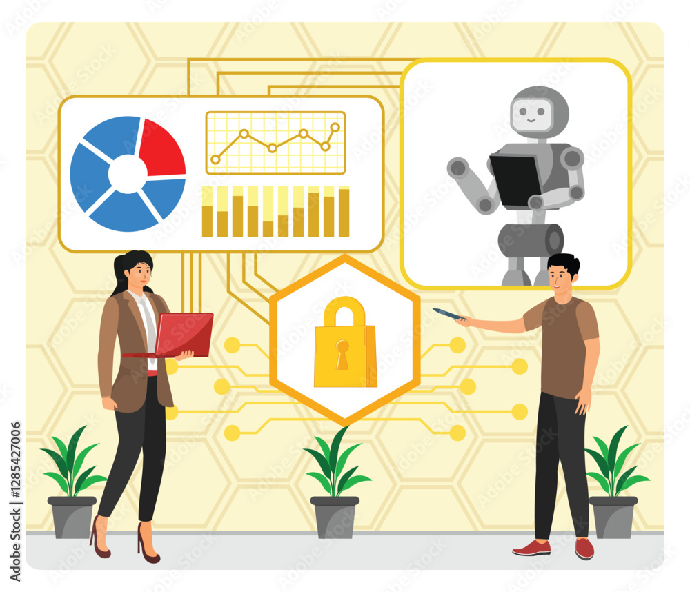 Poster ai driven security training. collaboration between humans, robotics, and data analysis.