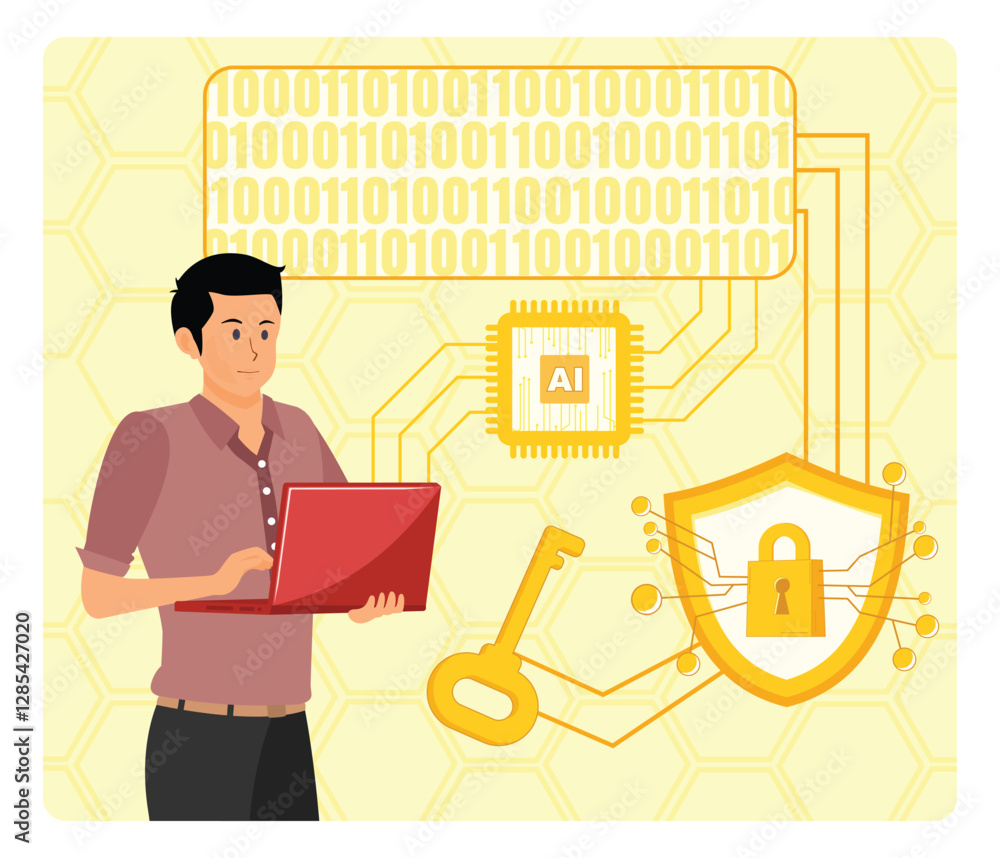 Poster ai supported encryption. man working with laptop on ai security digital connections and technology.