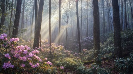 Fototapeta premium A tranquil Smoky Mountains forest with sunlight dappling through the canopy, highlighting the fresh spring growth.