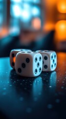 Three white dice rest on a dark, reflective surface, illuminated by vibrant blue and orange lights.  The focus is sharp on the dice, with a blurred background.