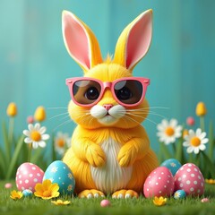 Cute Yellow Easter Bunny Wearing Pink Sunglasses with Decorated Eggs in Grass