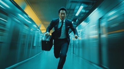 Obraz premium Businessman Hurries Through Airport Terminal Carrying Multiple Suitcases in Late Evening Rush for Flight