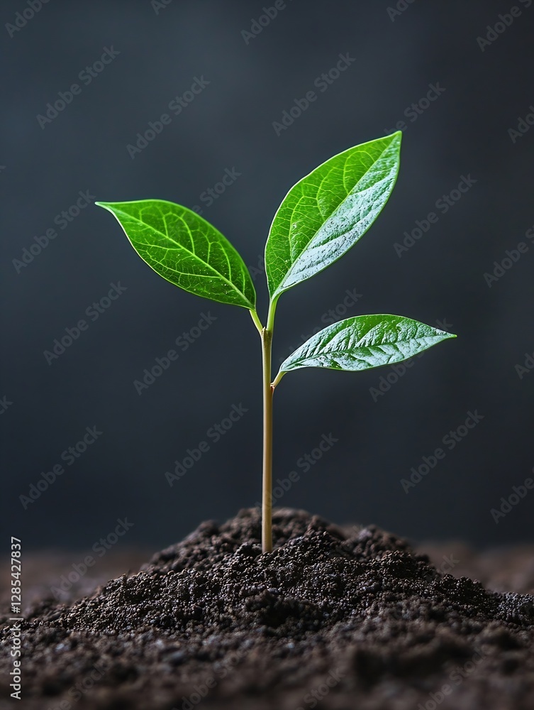 Poster new green plant sprouting from soil symbolizing growth and hope in a dark background environment : g