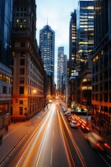 Fototapeta premium Vibrant cityscape at night showcasing traffic flow and illuminated skyscrapers : Generative AI