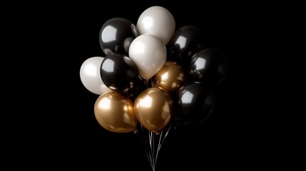 A vibrant cluster of black, gold, and white balloons on a black background, ideal for setting the tone for Black Friday sales or exclusive promotions.