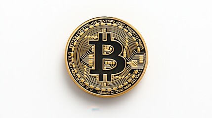 Close-up of a gold and black cryptocurrency coin, featuring intricate design details and the currency symbol.