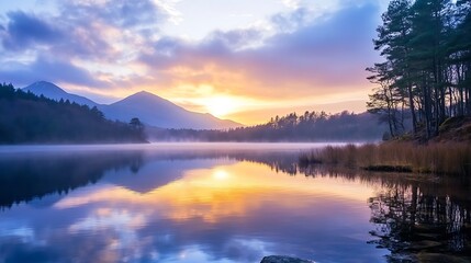 Fototapeta premium Breathtaking sunrise over a tranquil lake surrounded by mountains with mist rising from the water : Generative AI