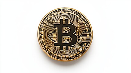 Close-up of a gold and black cryptocurrency coin on a white background.