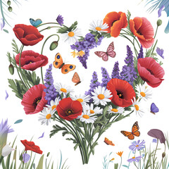 Heart-Shaped Floral Arrangement with Butterflies and Colorful Blooms Isolated on Transparent Background PNG 