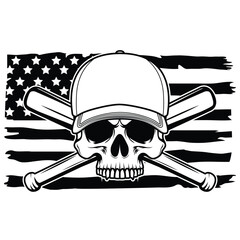 crossed baseball bat with skull wearing baseball hat and flah on background