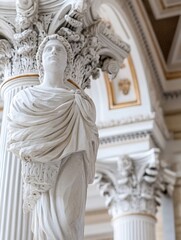Classical Marble Statue in Ornate Interior with Decorative Columns and Architectural Details : Generative AI