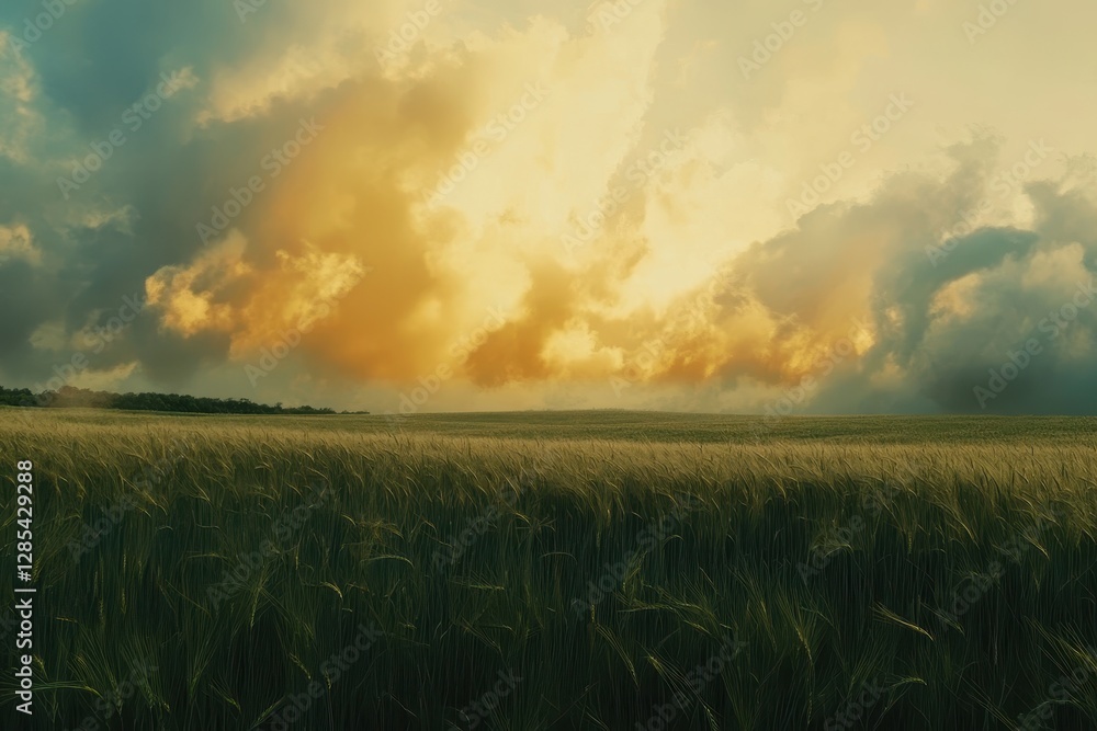 Poster Storm clouds gather and disperse over an open field under changing light conditions, Time lapse of storm clouds passing over a field of wheat