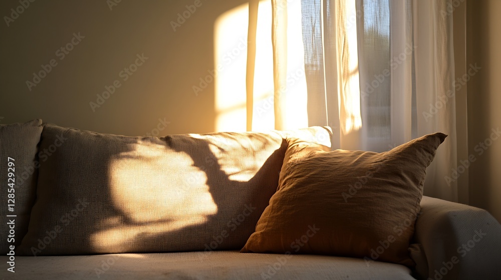 Poster cozy sofa bathed in natural light with soft pillow and elegant shadow play : generative ai