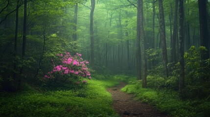A vibrant rhododendron bloom in the Smoky Mountains, adding a pop of color to the lush green spring landscape.