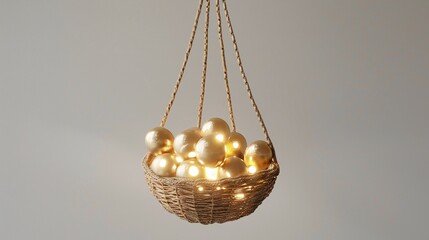 "Wicker Basket with Glowing Light Bulbs Suspended by Ropes PNG