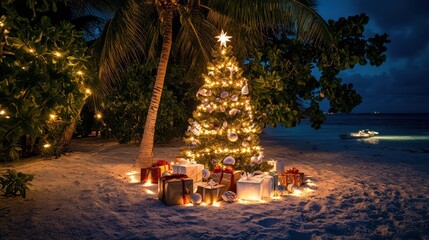 A vibrant tropical holiday display with a Christmas tree decorated with lights and shells, surrounded by gifts, on a pristine Maldives island beach.