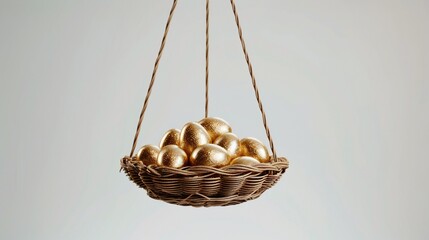 Golden Eggs in Suspended Wicker Basket PNG