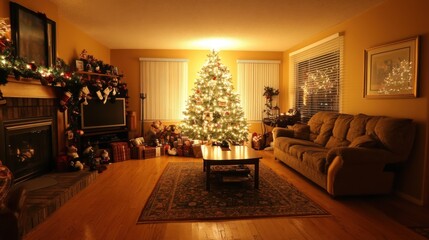 A warmly lit living room with a Christmas tree, holiday lights, and gifts under the tree, celebrating the spirit of the Nativity feast.