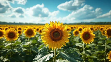 Fototapeta premium A vast sunflower field stretches towards the horizon, with a bright blue sky and fluffy white clouds overhead