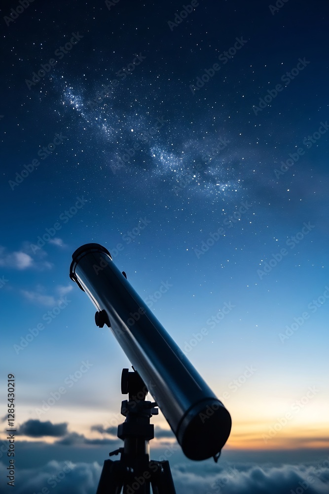Poster Telescope Focused on Starry Sky with Galaxy and Twilight Colors in the Background : Generative AI