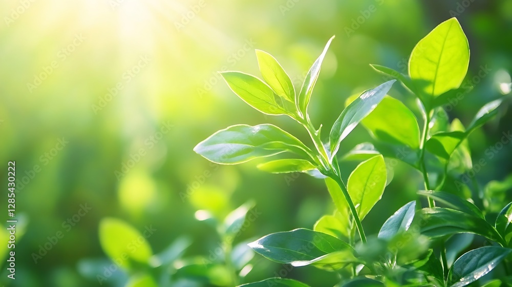 Poster fresh green leaves bathed in warm sunlight creating an inviting natural atmosphere : generative ai