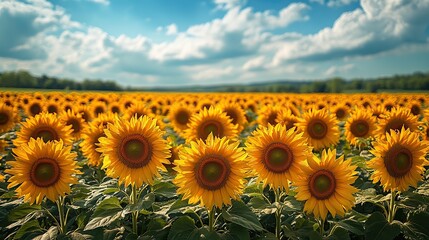 Fototapeta premium A vast sunflower field stretches towards the horizon, with a bright blue sky and fluffy white clouds overhead