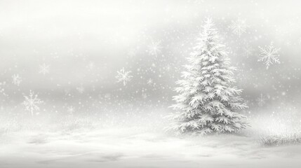 Fototapeta premium A white Christmas tree with snowflakes on a gently blurred background, ideal for creating a calm and festive atmosphere in a holiday greeting card.