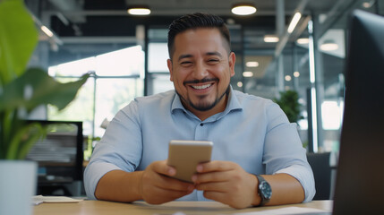 A happy Latino man, sitting at his desk, takes a moment to check his smartphone, distracted from his online work. He enjoys chatting, browsing websites, and downloading a new busin