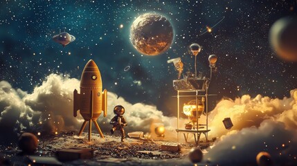 Futuristic space exploration scene with rocket launch