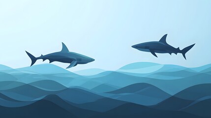Obraz premium Two sharks swimming gracefully, sleek bodies gliding through blue ocean water, tranquil marine environment, nature theme.