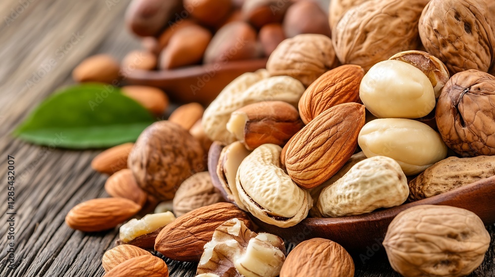 Poster various nuts on a wooden table ideal for healthy snacking and cooking : generative ai