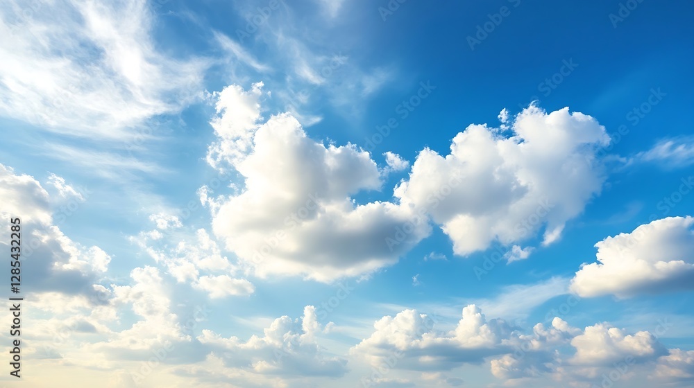 Poster Beautiful Blue Sky with Fluffy White Clouds Creating a Calm and Serene Atmosphere : Generative AI