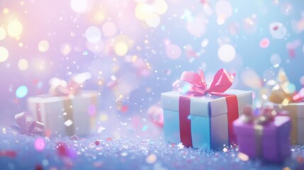 Beautiful Christmas background with gift boxes, sparkling confetti, and soft bokeh lights, perfect for creating a festive holiday vibe.
