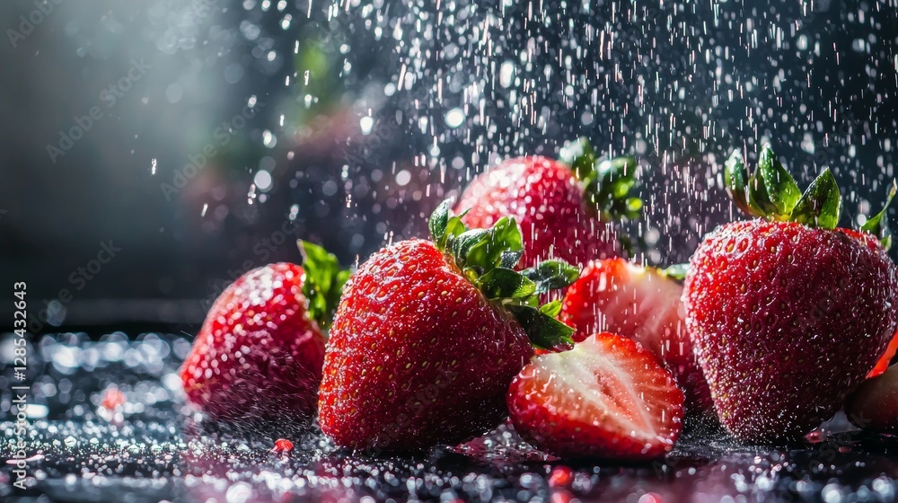 Poster fresh strawberries with water splashes in a refreshing setting