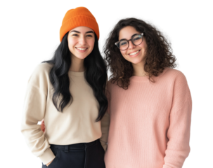 Two women standing next to each other, smiling and looking at the camera on a Transparent background