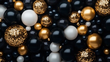 Black, gold, and white balloons arranged in a stunning composition against a dark background, ideal for luxury Black Friday sales or party celebrations.