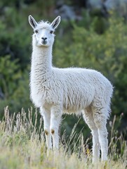 Fototapeta premium Graceful White Alpaca Standing in a Lush Green Landscape Under Natural Light : Generative AI