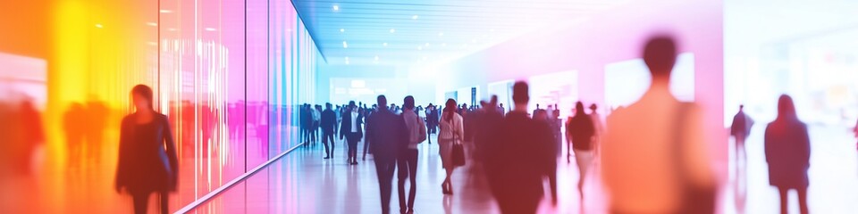 Exhibition expo event trade fair hall with busy bustling people walking to conferences in a modern hall crowded business people with a red and light blue color effect.. Generative AI