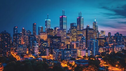 Obraz premium illuminated city skyline under glowing street lamps view