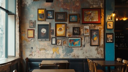 Cozy pub interior with artwork, tables, and windows. Possible use Restaurant advertisement