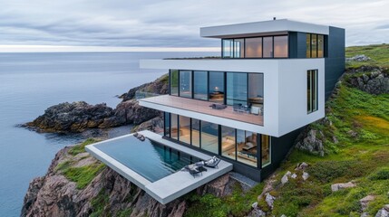 Modern Cliffside Home With Stunning Ocean Views Surrounded by Greenery in a Coastal Setting